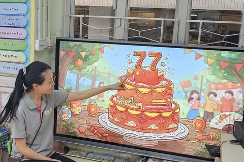 老師指著課室屏幕上的77歲生日蛋糕圖畫