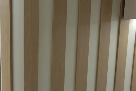 A warm wood-slat interior wall near the school entrance